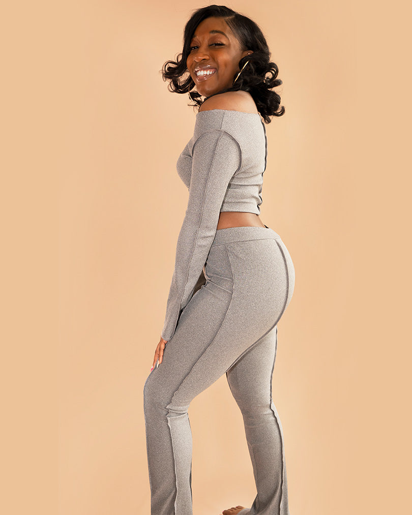 side view of gray matching loungewear sets for women