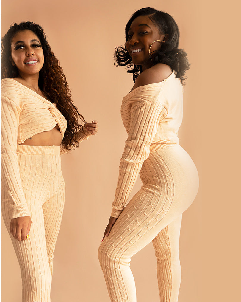 two women in cream colored co ord loungewear sets