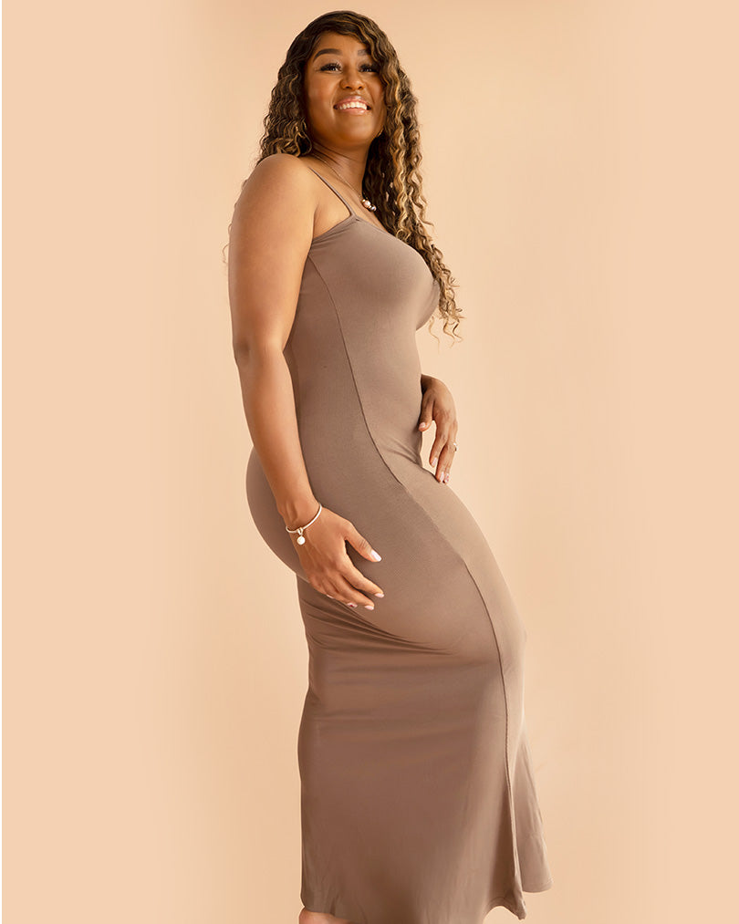 side view of brown womens plus size lounge dress 